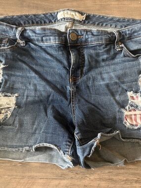 torrid Dark Blue Distressed Denim Shorts with Stripe Patch